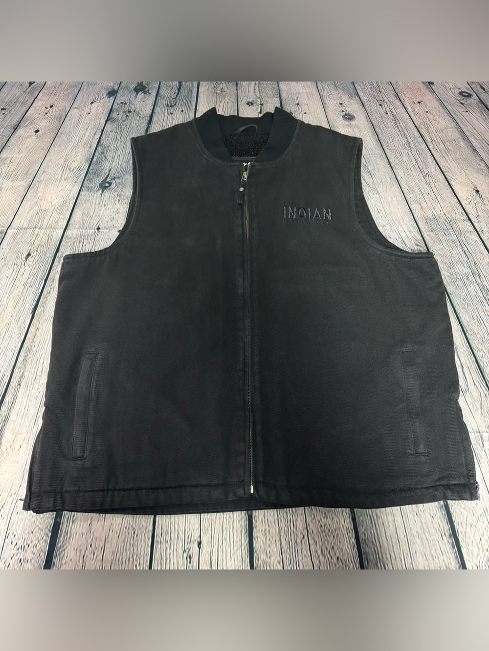 Indian Motorcycle Embroidered Black Canvas Men's Zip Vest Sherpa Lined Size 2XL